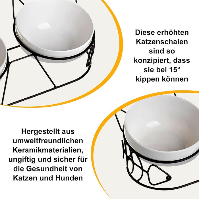 Підвищені годівниці для котів - набір 3 шт. з кераміки, нахил 15°, для котів та маленьких собак, подвійний набір