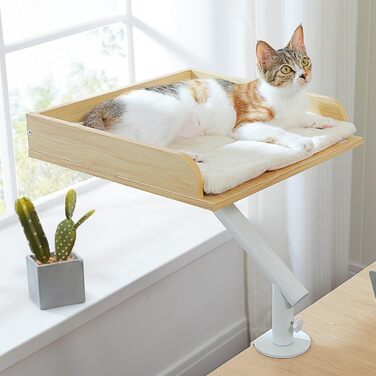 PAWZ Road: ліжко для кота на стіл, дерев'яне ліжко для котів, кошик для котів, 360° обертання та регулювання висоти, гамак для котів для дряпання, підтримує до 23 кг (Бежевий, прямокутне дерево)