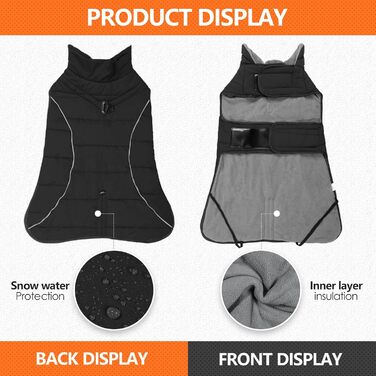 Зимова куртка для собак середніх та великих порід: тепла флісова жилетка, водонепроникна, з D-початком, шнурком та 2 еластичними стрічками, чорного кольору, розмір L