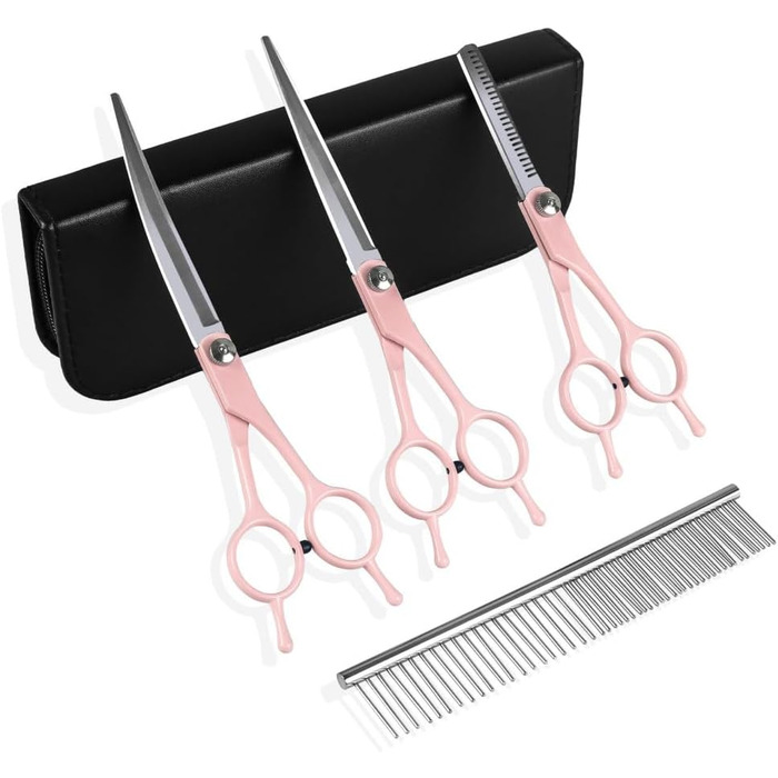 Набір професійних ножиць для грумінгу собак та котів 5-в-1, нержавіюча сталь, з гребінцем для догляду за шерстю (Рожевий)