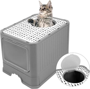 QWORK® Лоток для котів з кришкою, великий, сірий. Підходить для котів до 12 кг. У комплекті лопатка.
