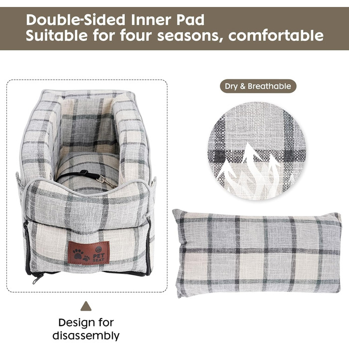 Автокрісло для собак та котів, середньої консолі, стабільне, з ременем, знімний, миючий, для собак та котів середніх порід до 6 кг (у клітинку)