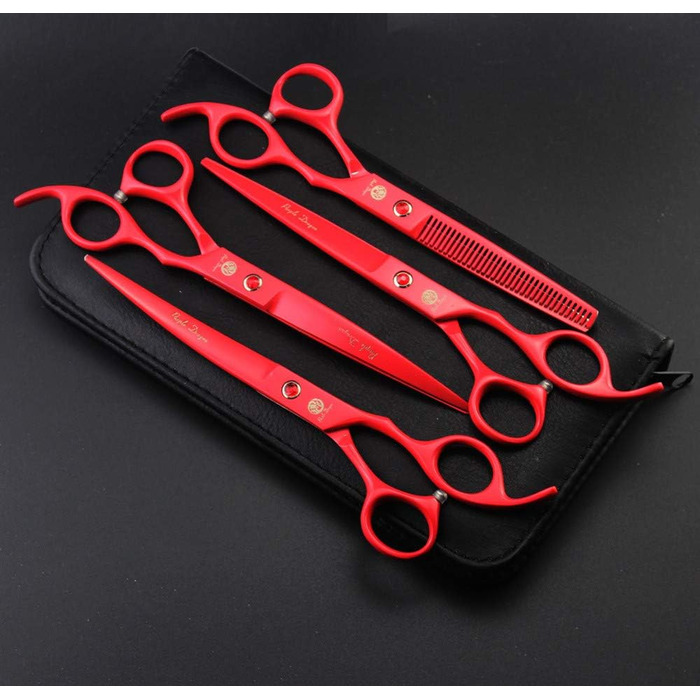 Набір професійних ножиць для грумінгу тварин Purple Dragon 7.0 дюймів (4 шт.) з преміум-сталі Японії. Прямі, вигнуті та розріджуючі леза. Ідеально для стрижки собак. У комплекті чохол.
