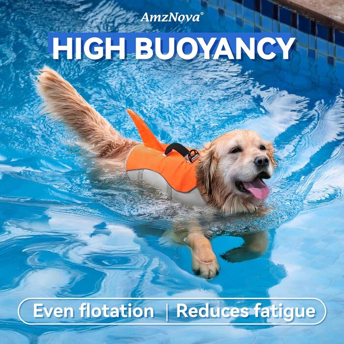 AMZNOVA Жилет для плавання собак Shark, жилет з ластами та плавником акули, рятувальний жилет для собак, для катання на човні, допомога у плаванні, легкий, L, (XL: 79-97 см (обхват грудей), яскраво-помаранчевий)