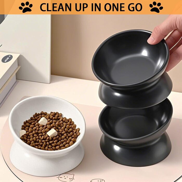 Підвищений годівниця для котів, кераміка, піднятий та нахилений годівниця, проти блювоти, без стресу, для котів та маленьких собак, 150 мл, чорний, 1 шт.