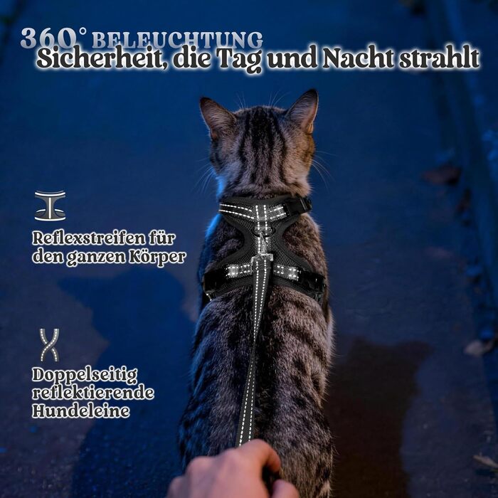 Шлейка для котів rabbitgoo з повідцем, анти-втеча, регульована (3 пряжки), м'яка та зручна, світловідбиваюча для безпеки, чорна, розмір S