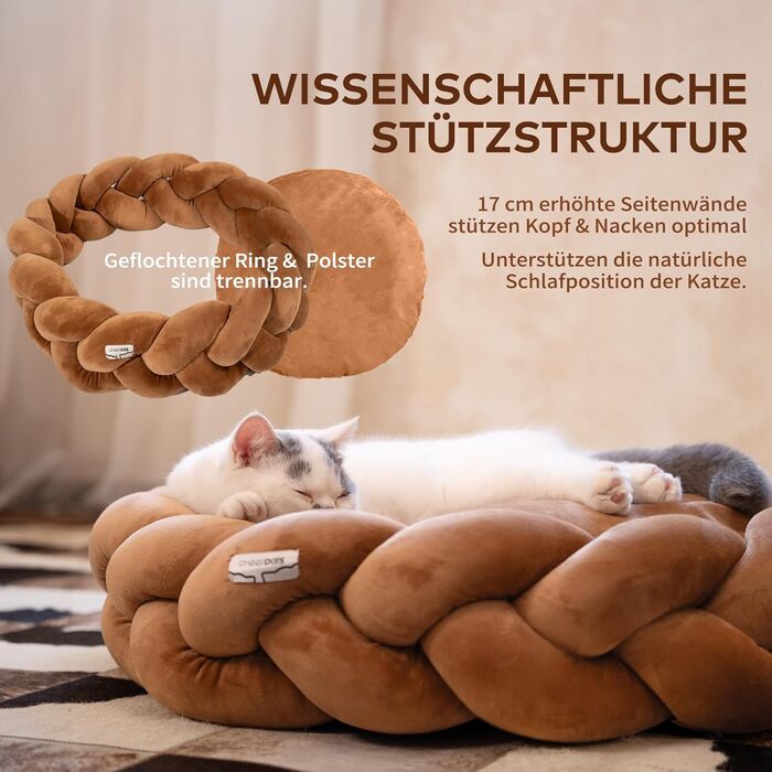Велике котяче ліжко CheerPals 60 см, миється, плетене затишне гніздо, ліжко для собак з еластичним матрацом, підходить для котів та маленьких собак, білий (карамельно-коричневий)