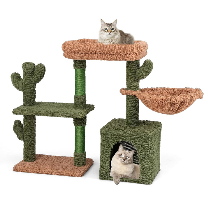 Драбина-кіготник для котів COSTWAY Kaktus: платформа, корзина, 2 котячі будиночки, сизаль, дерево, 81 см
