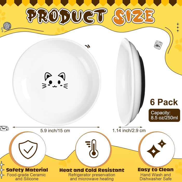 Набір з 6 керамічних мисок для котячого корму, миски для котів, миски для кошенят, антиковзаюча підставка, широкі та плоскі миски для їжі