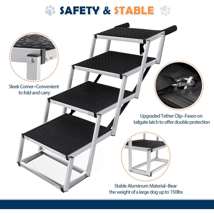 Сходинка для собак у машину: легка алюмінієва складана пандус для домашніх тварин з неслизькою поверхнею (4 сходинки)