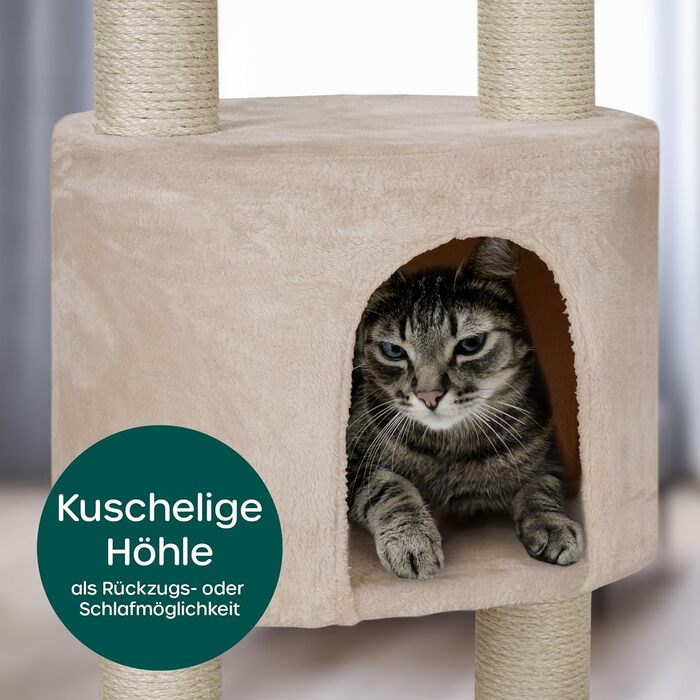 Високий килимок-дерево для котів HAPPYPET SAM 260 см, XXL, бежевий, для кількох котів, стійкі стовпи 8 см, лежанки, будиночки, аксесуари