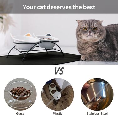 Набір мисок для котів з кераміки з підставкою та силіконовим килимком, 340 мл, нахилені, для котів, кошенят, маленьких собак, білий