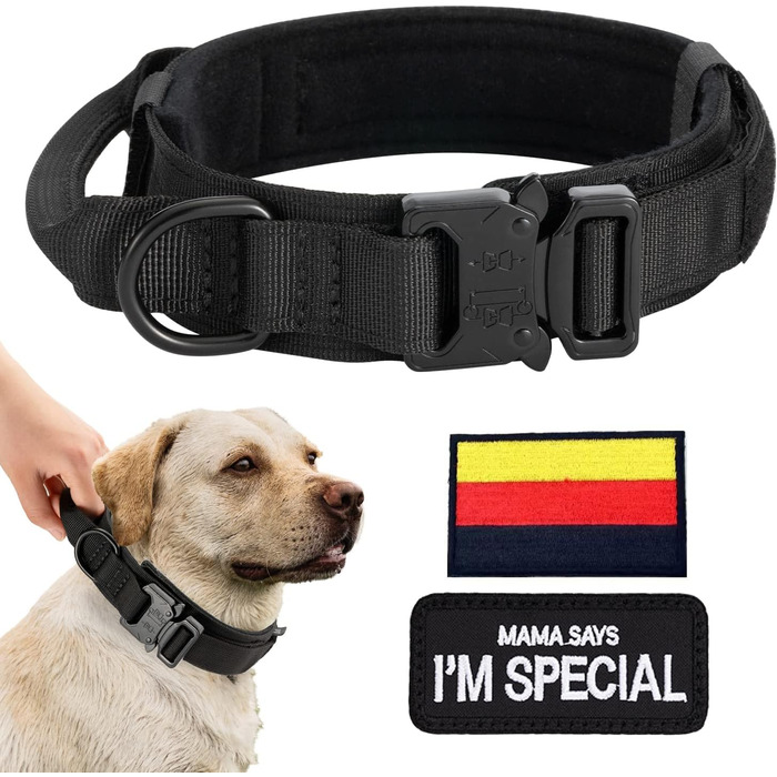 Нашийник для собак Eeyfarog, тактичний, регульований, з контролем, нейлон, з металевою застібкою, для собак середніх та великих порід, чорний, XL, широке об'єднання для полювання та тренувань на відкритому повітрі