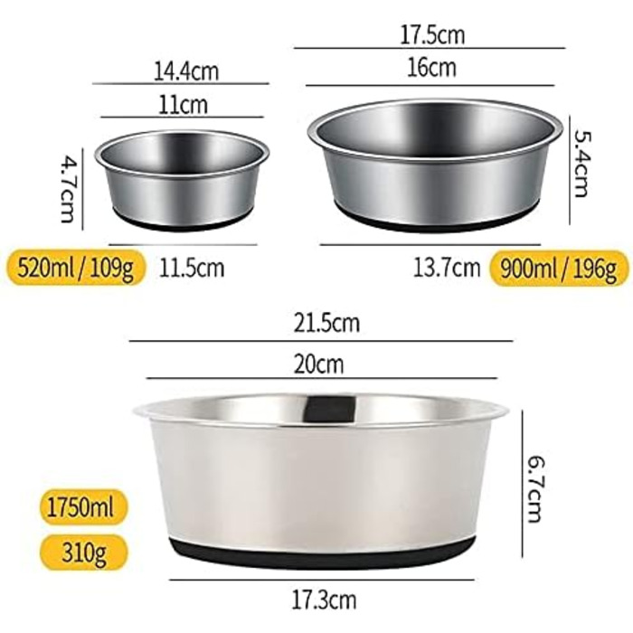 Набори мисок для собак та котів Mery Home з нержавіючої сталі з силіконовим дном, чорні, 2 шт., 14 см (520 мл)