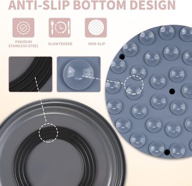 Миска для собак 2-в-1 Slow Feeder з нержавіючої сталі Bestalk, миска для їжі та води з антиковзним дном, 304 сталь, сірий колір, об'єм 1.5 чашки