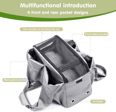 PETCUTE Сумка-переноска для собак та котів, сіра. Дихаюча, з міцною основою, безпечна, з поводком та кишенями. Підходить для маленьких та середніх собак, кошенят та котів