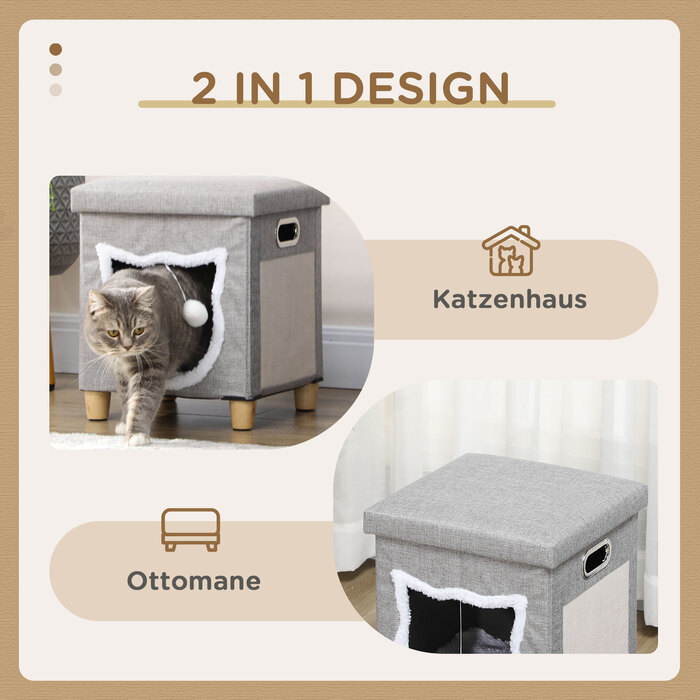 PawHut Cat Cave Пуф з подушкою та килимком для подряпин, Play Ball, протиковзкий, сірий, поліестер для котів