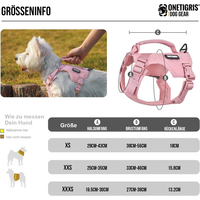 Шлейка для собак OneTigris MINI Trooper, рожева, XS, з повідком 150 см, з ручкою для контролю та 2 позиціями для буксирування