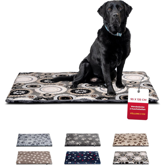 Лежак для собак HS-Hundebett XL 95x135 см, двосторонній, м'який, 3 см наповнювач, для дивану, авто, клітки, антрацит з мандалою, зроблено в Німеччині