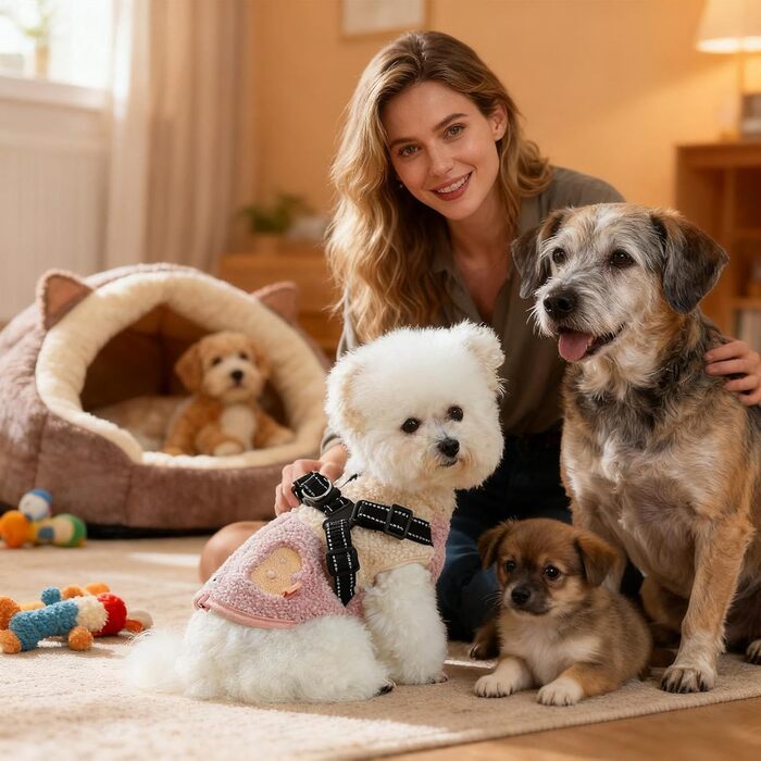 Зимний теплий дощовик для собак з отвором для шлейки | Тепла куртка для собак, підходить для малих та середніх порід, для прогулянок та активного відпочинку (рожевий, білий)