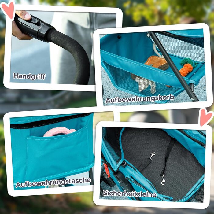 PawHut Візок для собак та котів 3-в-1, складаний, до 4 кг, з подушкою, сіткою, тримачем для напоїв, кошиком (Турквіс)