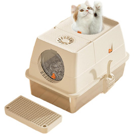 Hapihom котячий туалет із нержавіючої сталі з кришкою 60×40×39 см, закритий металевий туалет для котів із піщаним фільтром, педаллю та лопаткою, XXL, знімний високий борт, легко очищається, колір хакі