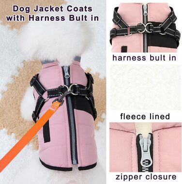 Зунеа Тепла куртка для собак маленьких порід, для цуценят з повідком, світловідбиваюча, регульована, на блискавці, рожева, XS/S
