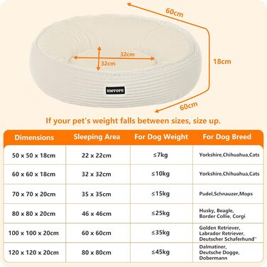 Кругле ліжко для собак та котів, м'яке, зручне, Ø 60 см, бежеве. Розмір: 60x60x18 см. Зручне, миється, знімний чохол, антиковзаюча основа.
