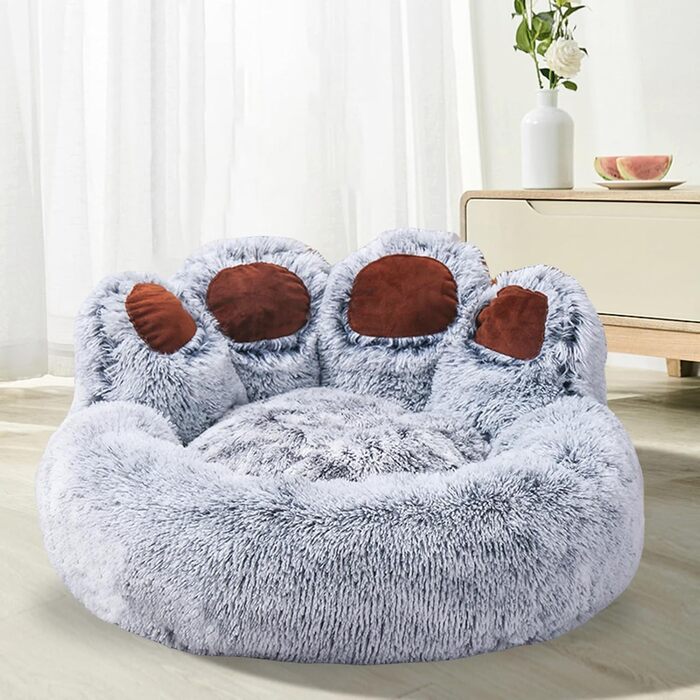 Заспокійливе ліжко для собак та котів, форма лапки, анти-тривожне, пончик, тепле, м'яке, кругле, для цуценят, сірий та білий (50 см)