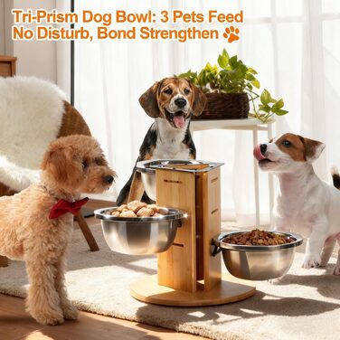 Підвищений годівниця для великих собак, регульована висота, 3 миски з нержавіючої сталі 1400 мл, годівниця-станція на 3 сторони, підставка для собак з дерева та срібла