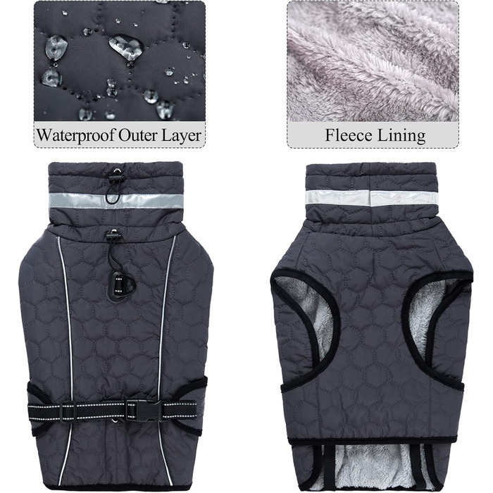 Водонепроникний зимовий теплий куртка для собак з підсумком для повідка. Підходить для малих, середніх та великих собак. Сірий колір.