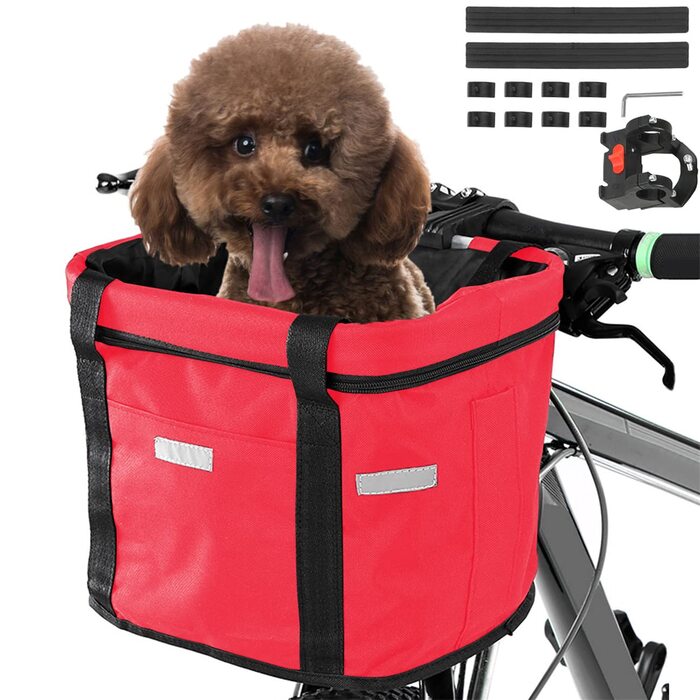 Фалцфальтерний велосипедний кошик для собак, передній велосипедний кошик, легко встановлюється, знімний велосипедний кошик-сумка, з адаптером керма для маленьких собак, для покупок, пікніків (червоний)