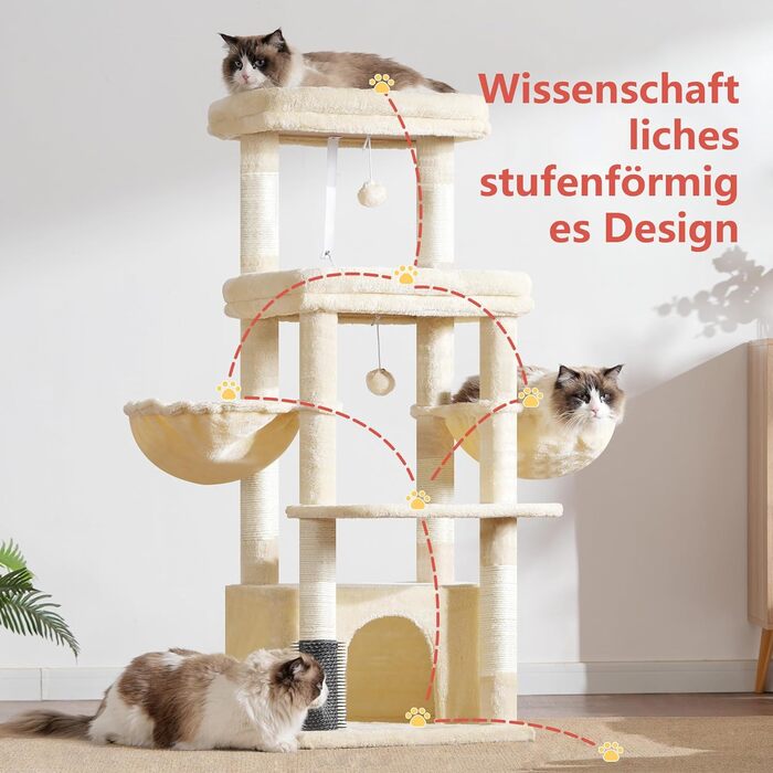 Котячий будиночок Hey-brother Kratzbaum для великих котів та Мейн-кунів, багатоярусний, з 2 платформами, 2 будиночками, великою печерею та щіткою, EMPJ070W (Бежевий)