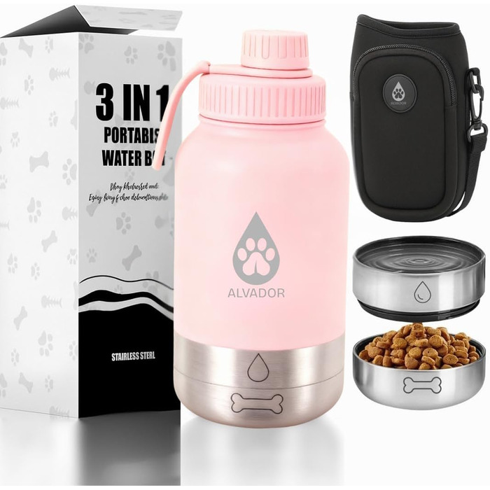 Поїлка для собак на прогулянці 1000 мл з мішечком, 4-в-1 ізотермічна фляга з нержавіючої сталі, не протікає, BPA-free з мисками для води та корму, аксесуари для собак (Рожева)