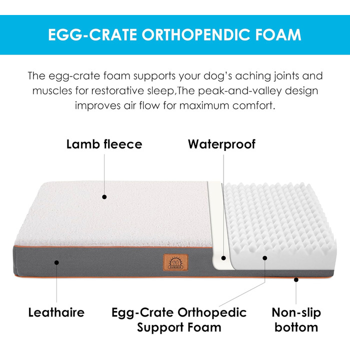Ортопедичне собаче ліжко Sunheir для середніх собак, вологостійке, Deluxe з плюшем, знімний та пральний чохол, неслизьке дно, сірий, 90х60х90 см