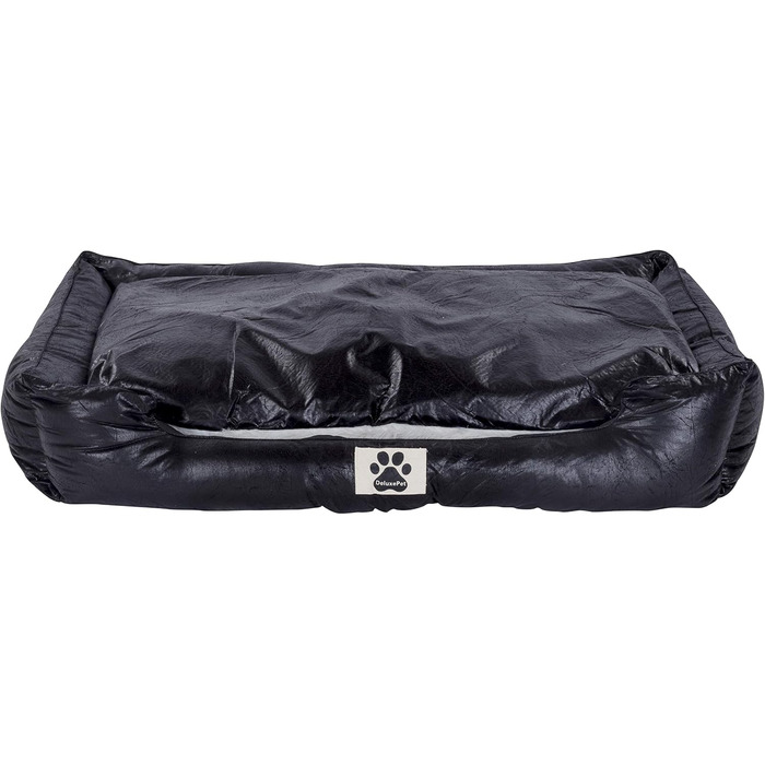 Крісло-ліжко для собак CLAMARO 'DeluxePet' чорного кольору 120x80 см з штучної шкіри, 2в1 з поворотним подушками, для великих собак, з боковинами з м'якою оббивкою, антиковзаюча підкладка, розмір Large