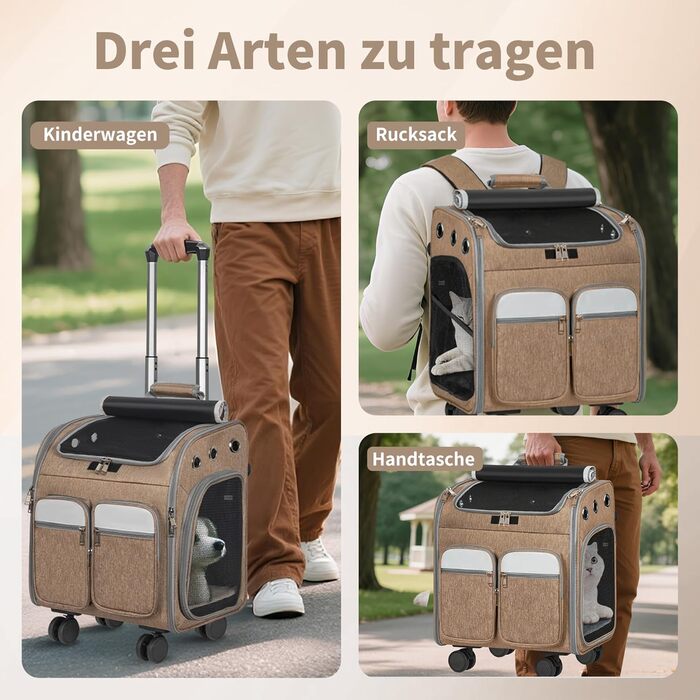 Рюкзак-переноска для кота OUUTMEE з візком, до 20 кг, велика, дихаюча, бежева