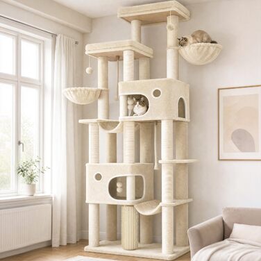 Комплекс для котів Hzuaneri Kratzbaum XXL 213 см: Дряпка-стовпчик, 2 платформи, 2 печери, 2 гамаки, кошик, щітка, помпони, для мейн-кунів, бежевий MS21418YL