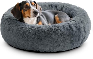 Кругле ліжко для собак O·Lankeji з м'якого флусу, штучного хутра, знімний кошик, нековзна основа, для маленьких, середніх та великих собак, M-⌀60см (M-⌀60см, Антрацит)
