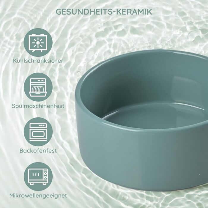 Набір керамічних мисок для собак та котів SpunkyJunky: миска проти запобігання ковтання + підставка з бамбука (Бежевий + Темно-зелений), Ø15.5 см