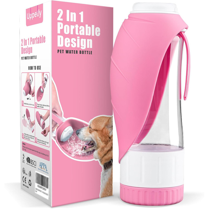 Водяна пляшка для собак Uppetly з мискою, вилка-дозатор, витокозахисна, BPA-free, для прогулянок, рожева (590 г)