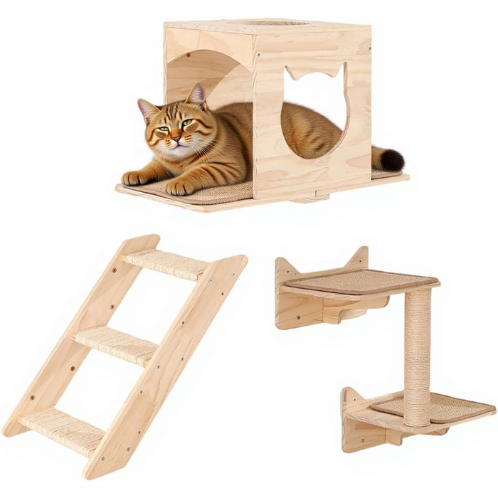 Котячий комплекс на стіну MIUZMORE: 7 елементів, котячі полиці та стійки для дряпання з високого сизалю, кріплення на стіну, котячий крізь-дерево, компактні меблі для дому.