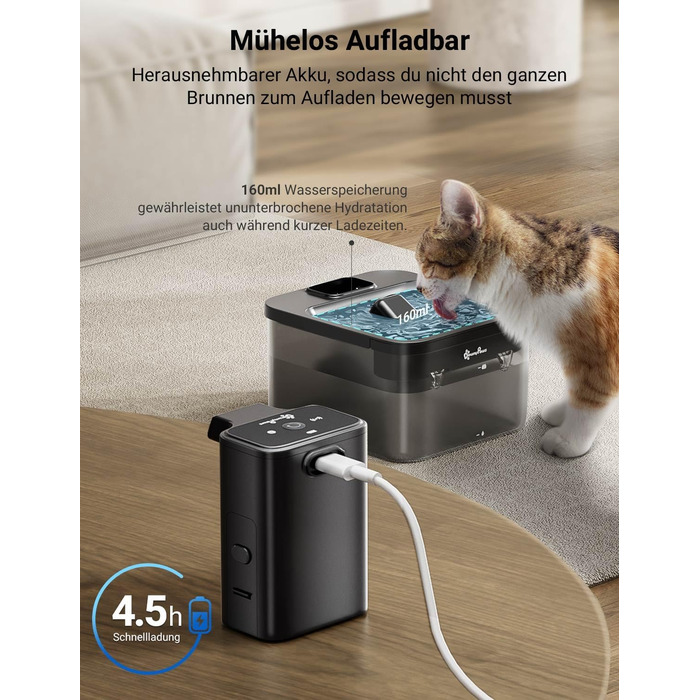 Автоматичний бездротовий фонтан для котів DownyPaws, 2.5 л, з датчиком руху, тиха робота, на акумуляторі, чорний ABS-пластик