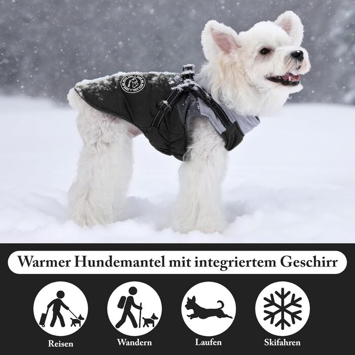 Водонепроникний зимовий теплий дощовик для собак Savlot - вітронепроникна куртка для маленьких та середніх собак з нашийником, світловідбиваючі елементи (чорний + сірий)