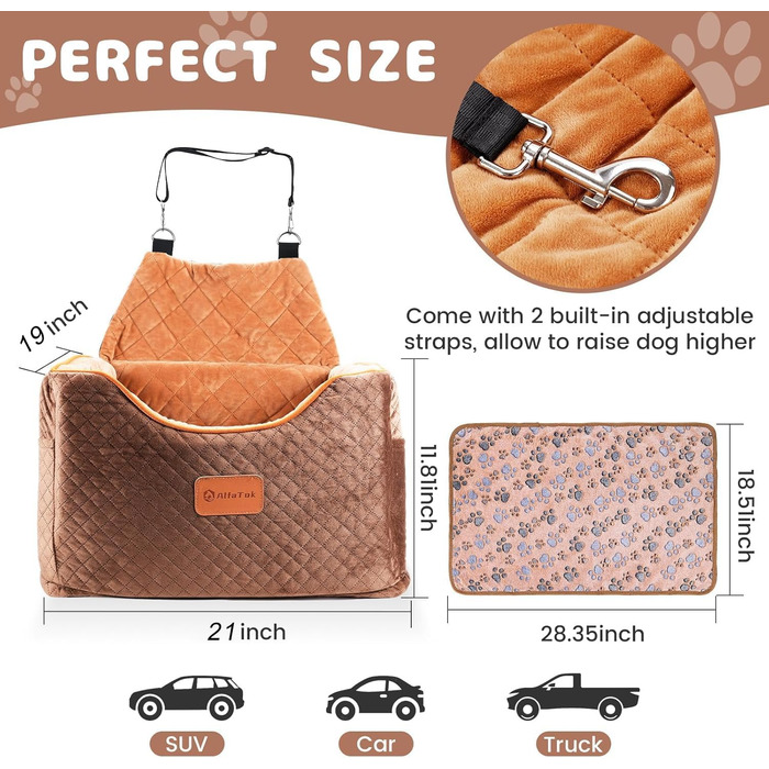 Підвищувач для собак MegiaExist з піною з пам'яті, автокрісло для собак знімний, миючий чохол, безпечний, протиковзкий, для малих собак до 11,3 кг, з ременем безпеки, колір: коричневий