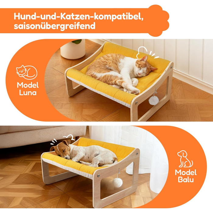 BSWAY Підвищене ліжко-софа для котів з дерева, сонячно-жовтий колір, 53x40 см, стильний котячий стільчик з знімним чохлом для матраца, до 15 кг