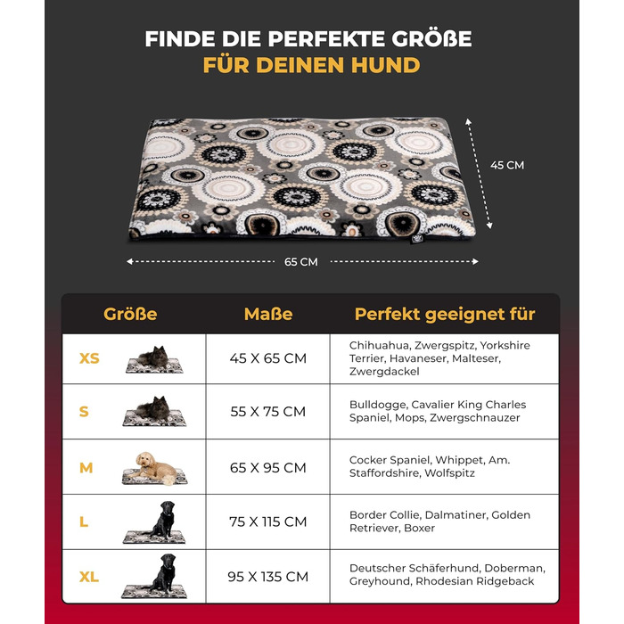 Підстилка для собак XS (45x65 см) – двостороння та м'яка з 3 см наповнювачем – ідеальна для дивану, авто та переноски – Made in Germany (45 x 65 см, Мандала Антрацит)