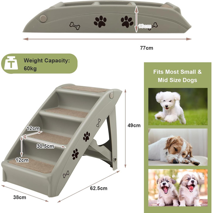 Сходинка для тварин SOARS: 4 сходинки, килимок з повсті, для котів та собак до 60 кг, антиковзка, для ліжка, авто, дивану (сірий)