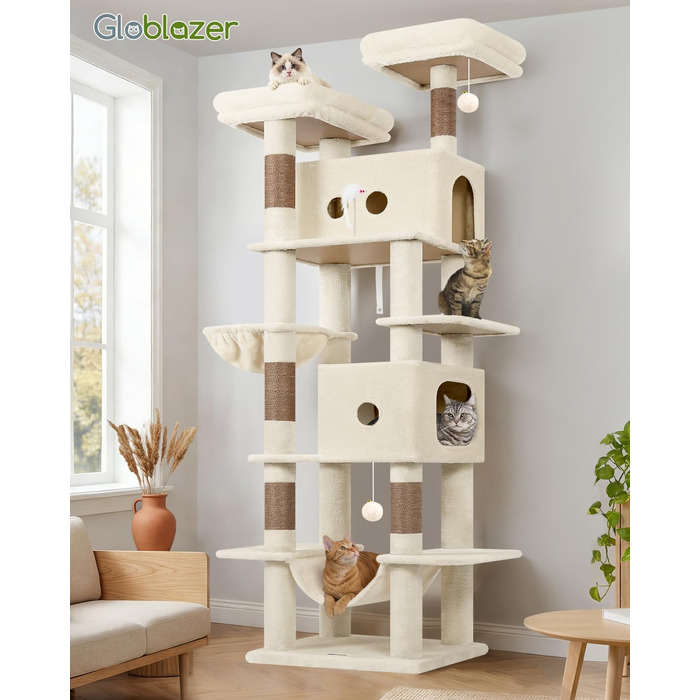 Комплекс для котів Globlazer Kratzbaum Beige XXL (204 см) для великих котів: будиночок, платформа, гамак, іграшки