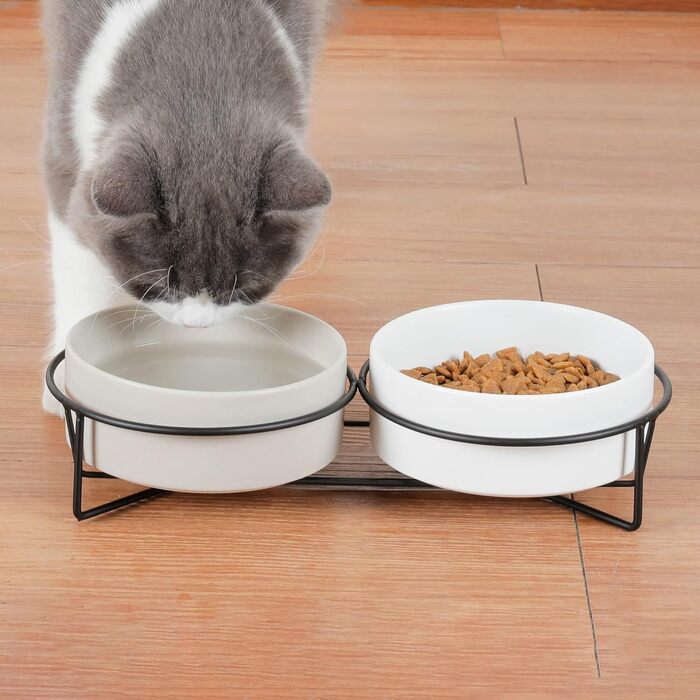 PETTOM Миска для котів піднята, миска для корму для котів, станція для корму, керамічна миска для їжі та води для котів та маленьких собак (Білий + Сірий) Білий+Сірий
